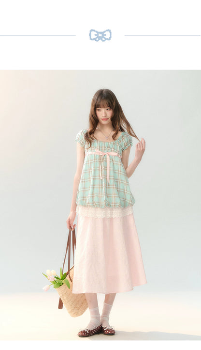 "Mint Peach Whisper" Mint Green Plaid Embroidered Skirt Set LL2026196