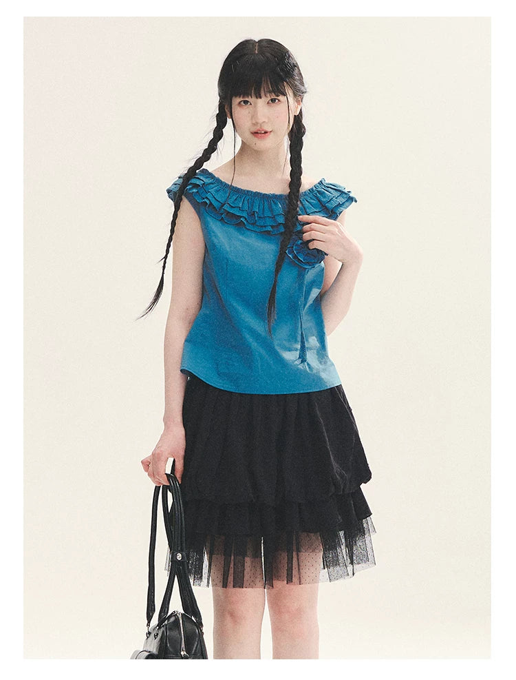 "Black & White Sonata" Polka Dot Mesh Tiered Jellyfish Skirt (White/ Black)