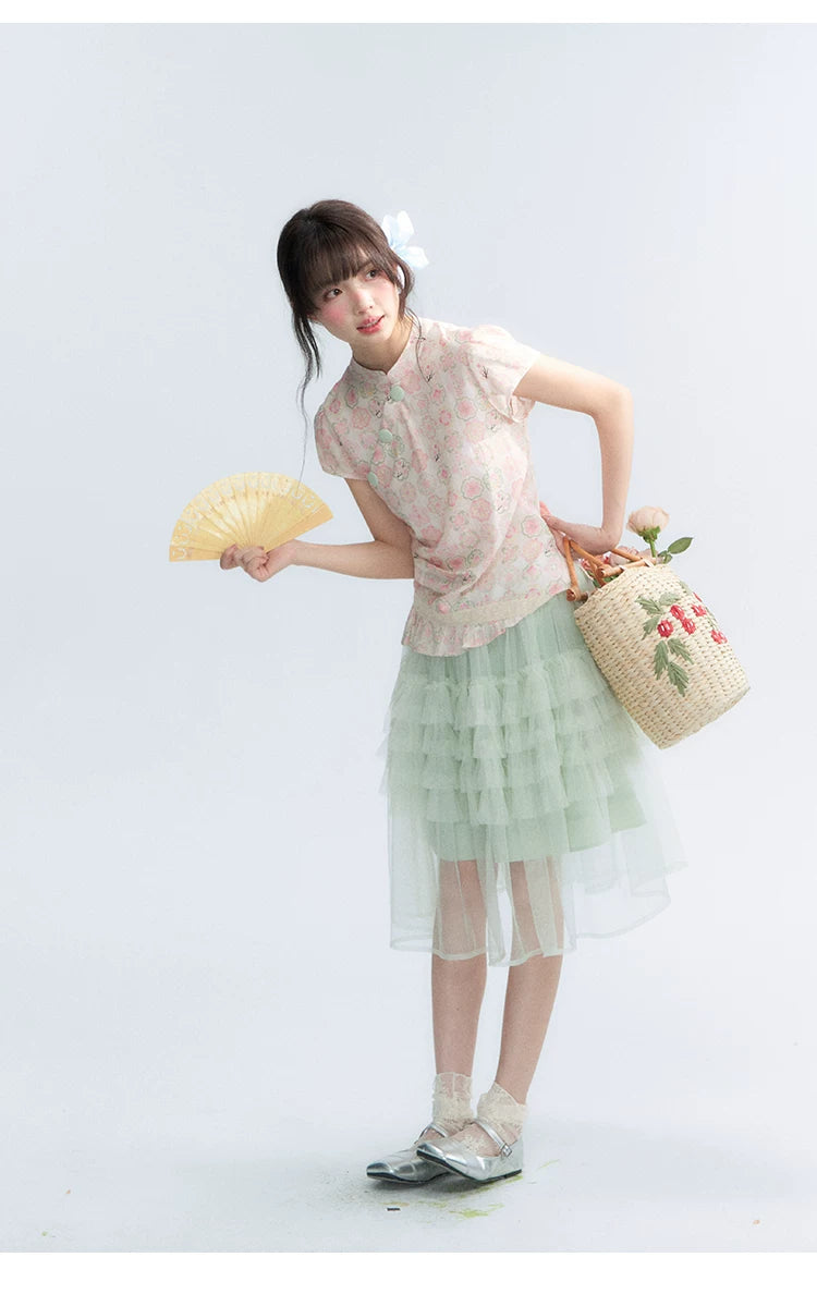 "Lime Mille-Feuille Glow" Peach Mist Chinese-Inspired Short Sleeve Top & Lime Green Tulle Tiered Skirt Set