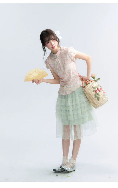 "Lime Mille-Feuille Glow" Peach Mist Chinese-Inspired Short Sleeve Top & Lime Green Tulle Tiered Skirt Set