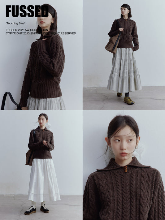 FUSSED Hazelnut Brown Vintage Cable Knit Wool Pullover Sweater FOF-25SS164b