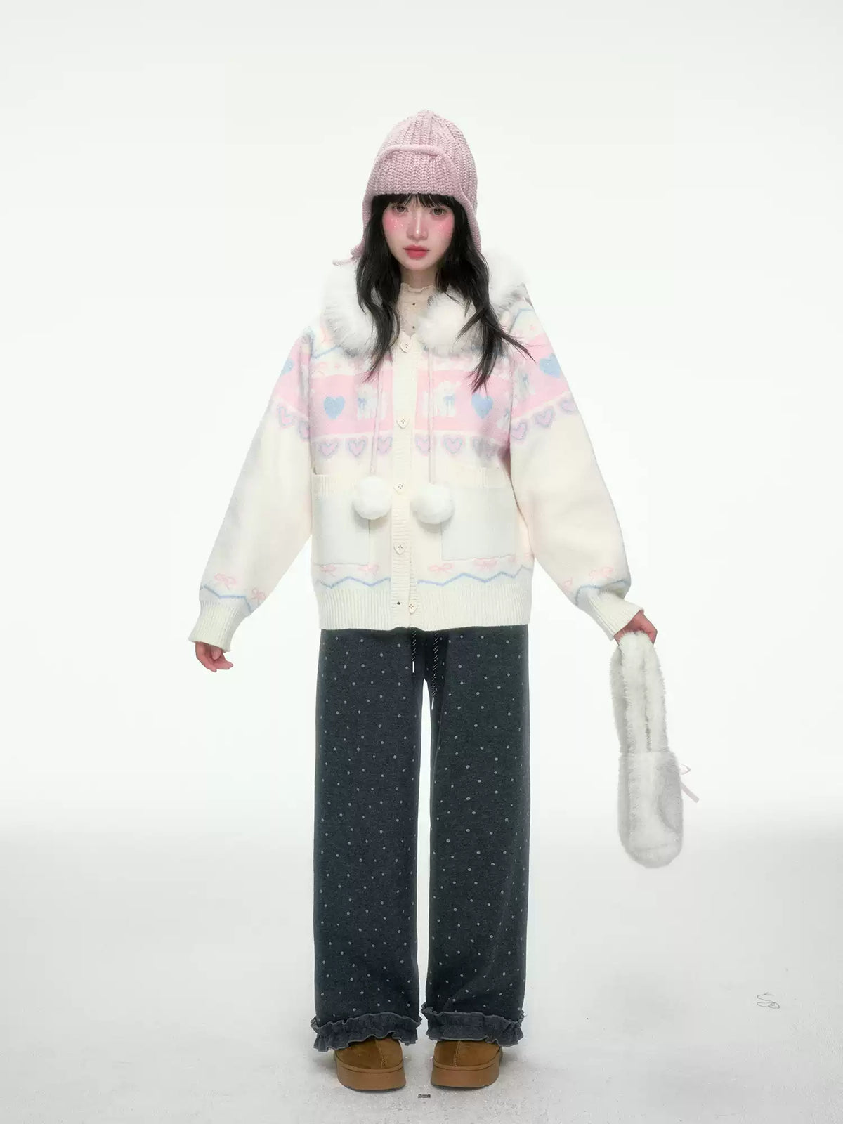BIBIBENCY - Pink and White Hooded Knit Cardigan with Faux Fur Trim