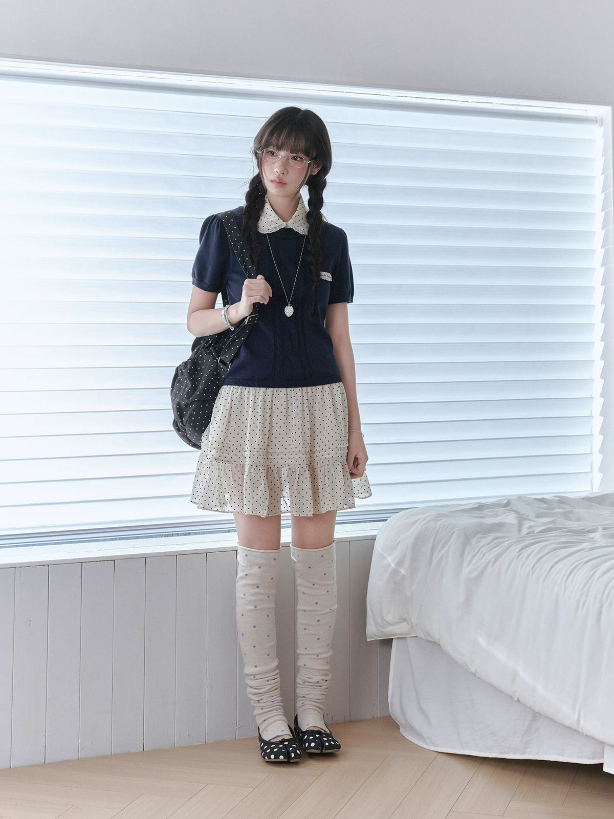 "Starry Miu" Polka Dot Collared Knit Dress - Navy