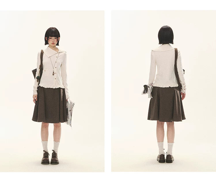 "Cotton Ruffle" Tea Apricot Asymmetric Knit Cardigan