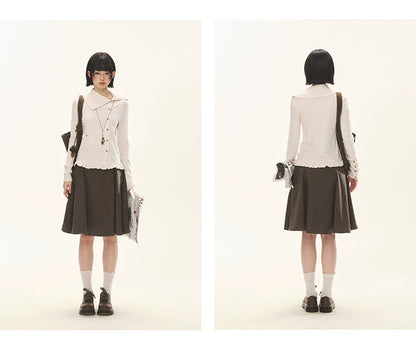 "Cotton Ruffle" Tea Apricot Asymmetric Knit Cardigan