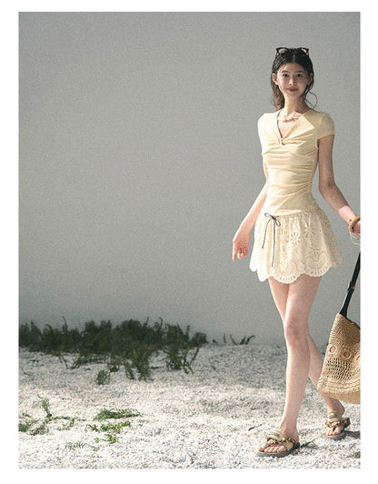 “Sheer Spring Whisper” Milkshake Yellow Twist V-Neck Top