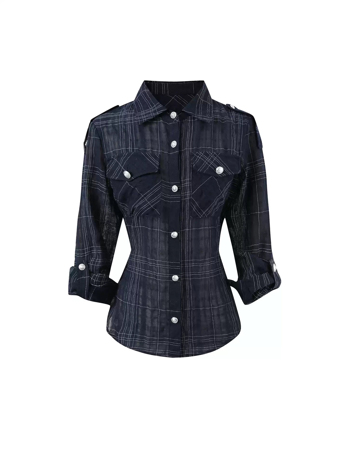 JN's DESIGN - Plaid Adjustable-Waist Long-Sleeve Shirt