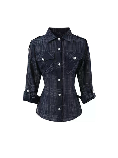 JN's DESIGN - Plaid Adjustable-Waist Long-Sleeve Shirt