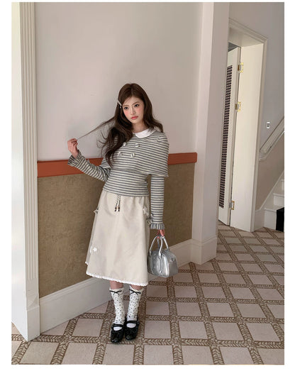“Misty Sonata” Grey Layered Stripe Knit Top