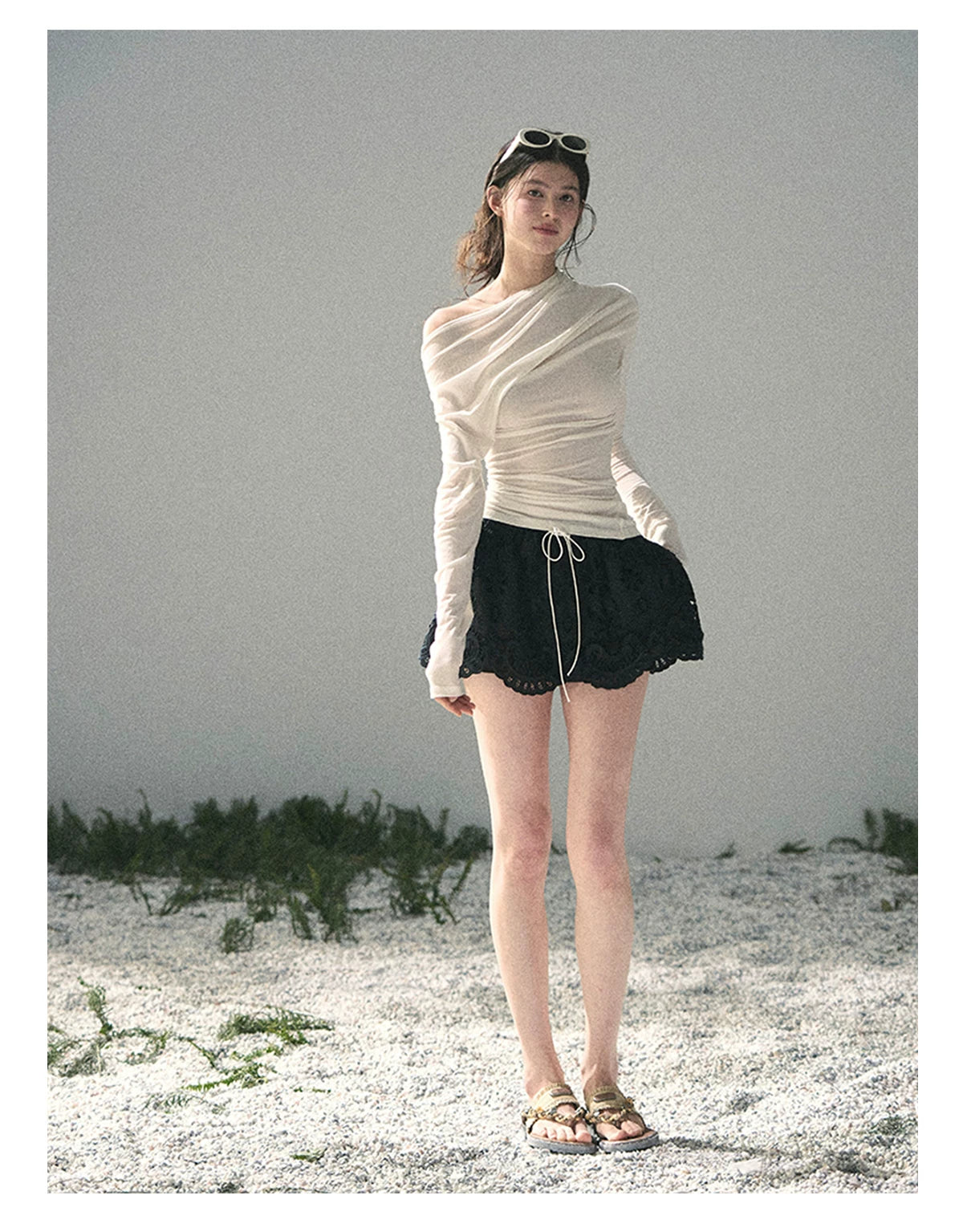 “Where Shadow Walks Beside Light” Milk Apricot Asymmetrical Top