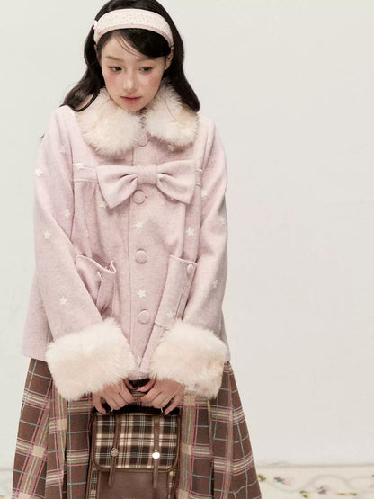 RF - Peach Pink Ombre Faux Fur Collar Wool-Look Jacket with Star Embroidery