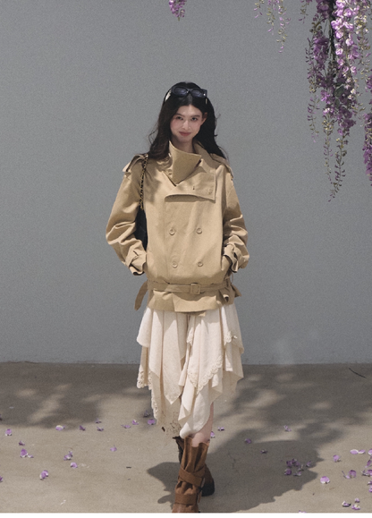 OAKMOO/ Belted Double-Breasted Trench Jacket (Deep Black / Hazel Khaki)