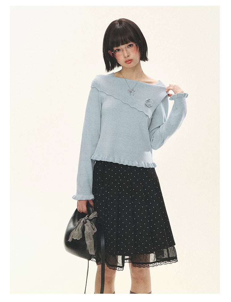 "Sea Salt Bloom" Sea Salt Blue Off-Shoulder Ruffle Knit Sweater
