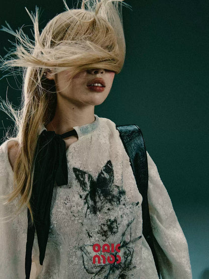 OAKMOO/ Butterfly Contrast Ribbon Mesh Knit Sweatshirt
