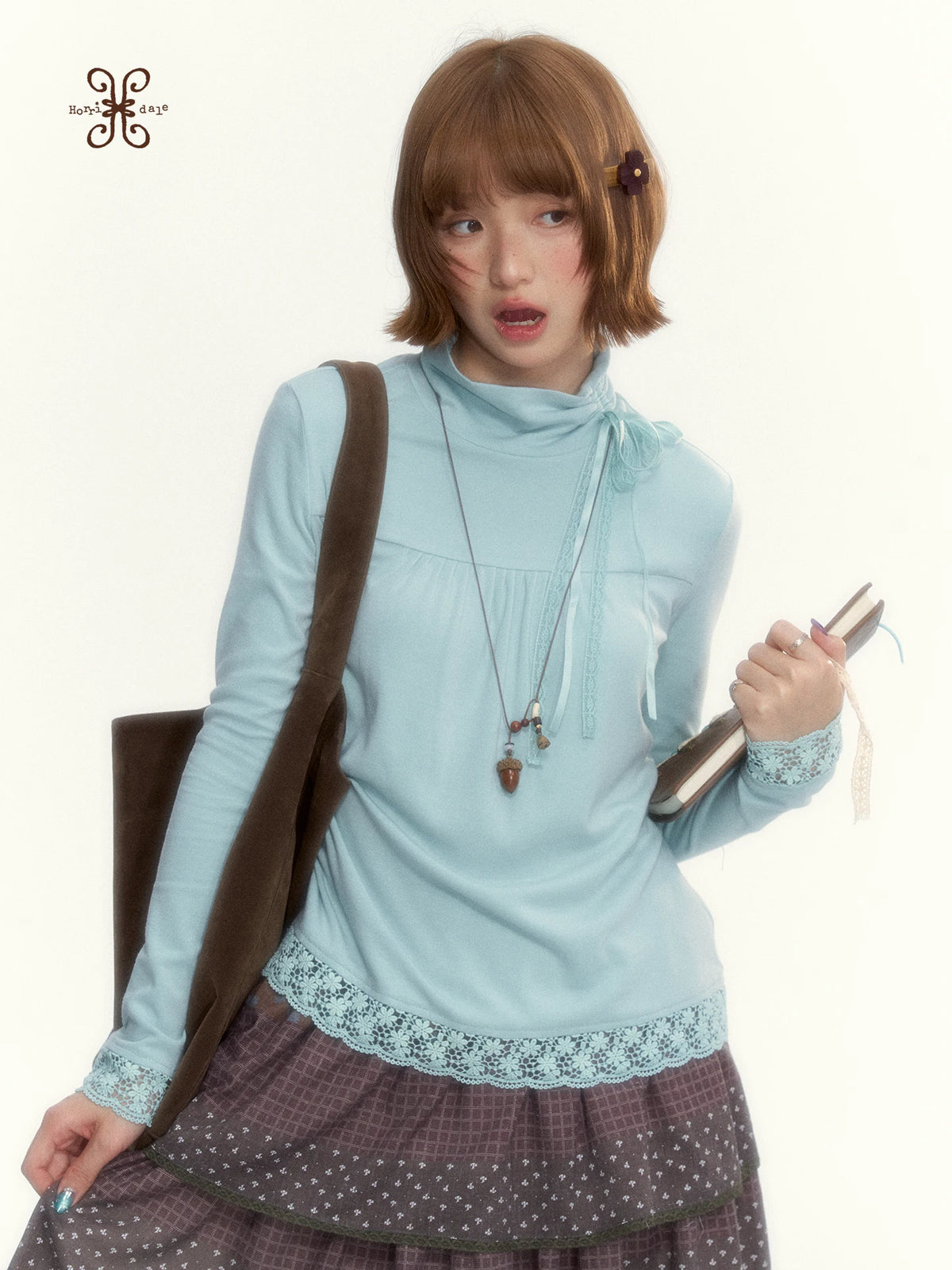 “Mint Milk Pudding” Mint Blue Lace-Trimmed Mock Neck Knit Top