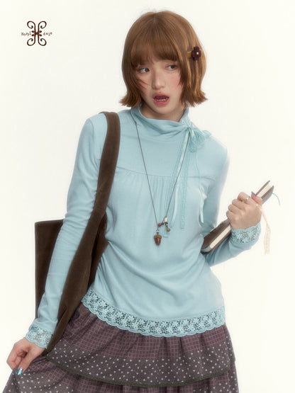 “Mint Milk Pudding” Mint Blue Lace-Trimmed Mock Neck Knit Top