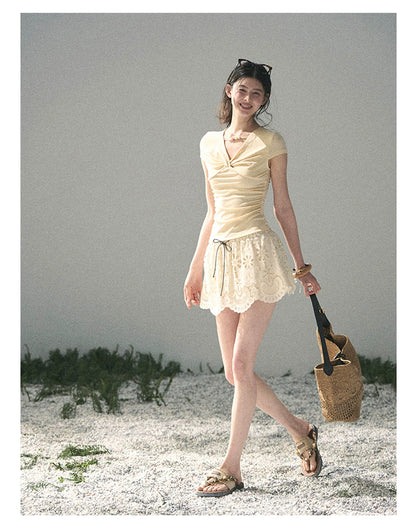“Sheer Spring Whisper” Milkshake Yellow Twist V-Neck Top