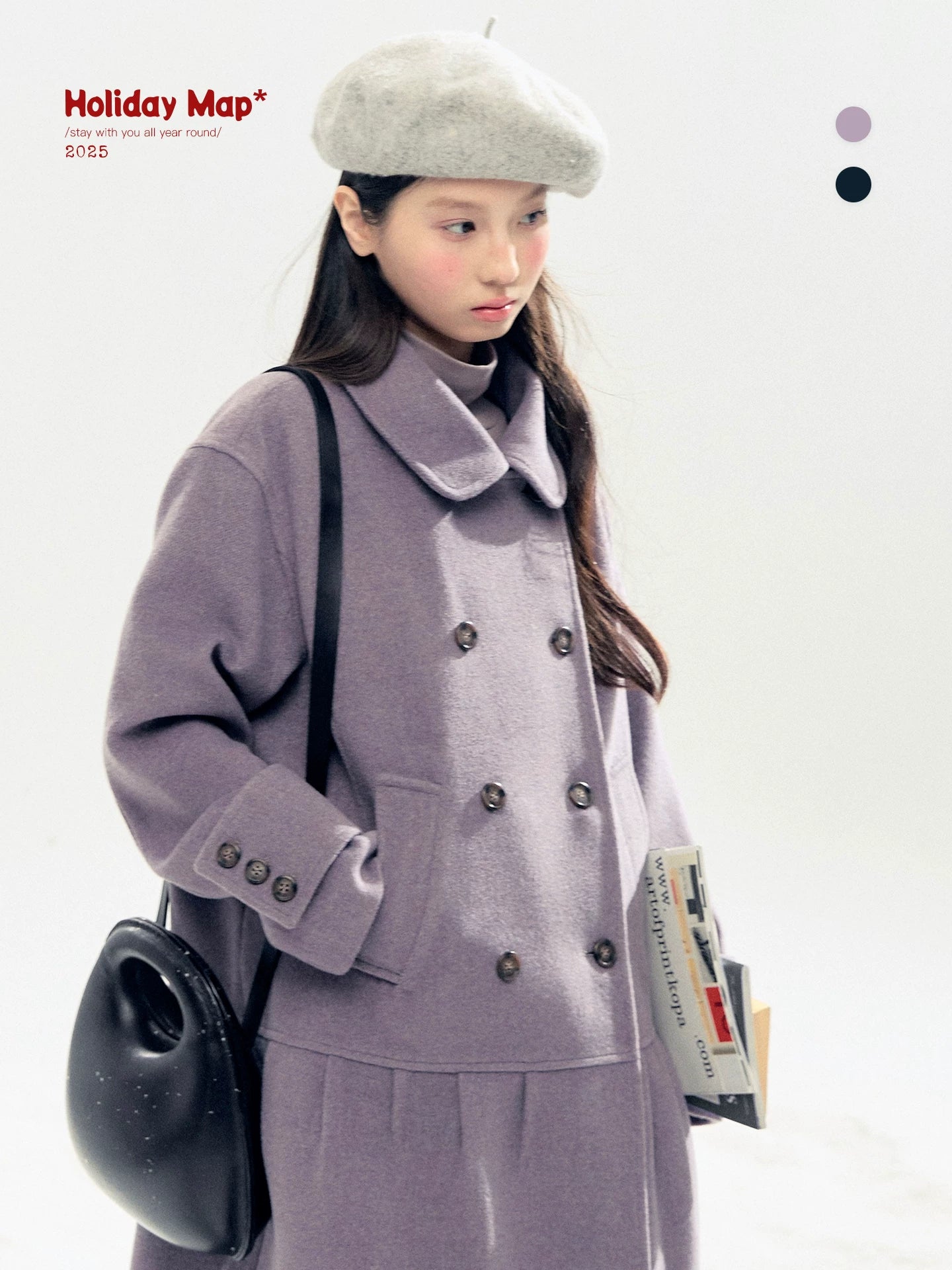 "Winter Chime" Double-Breasted Quilted Wool-Blend Coat (Smoky Purple/ Ash Gray)
