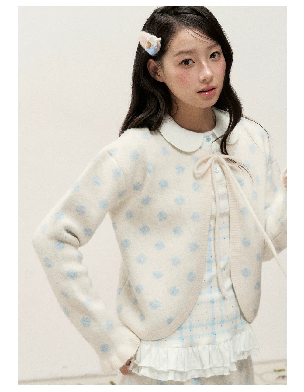 [RF] Ice Blue Polka Dot Knit Cardigan & Midi Skirt Set
