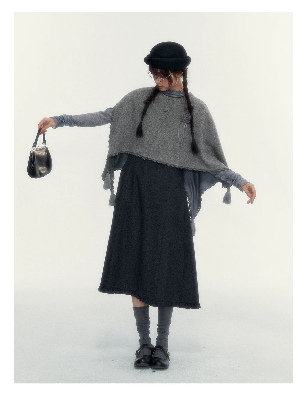 Vintage Double-Breasted Wool Dress & Knit Fringe Cape Set