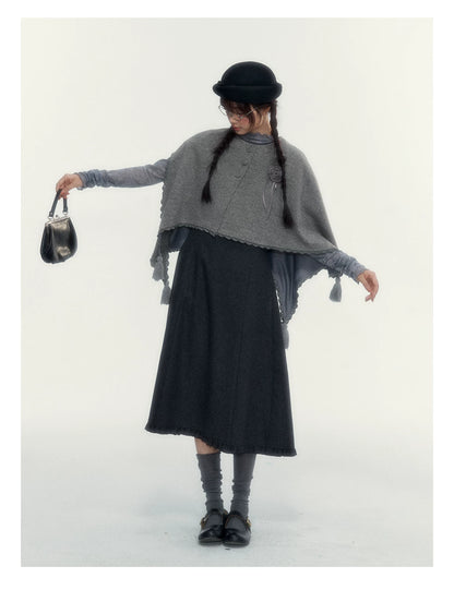 Vintage Double-Breasted Wool Dress & Knit Fringe Cape Set