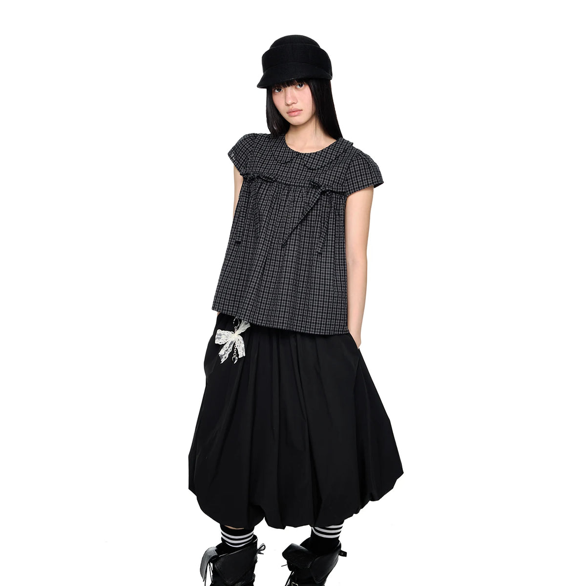 EZEK | Peter Pan Collar Gingham Shirt with Bubble Sleeves