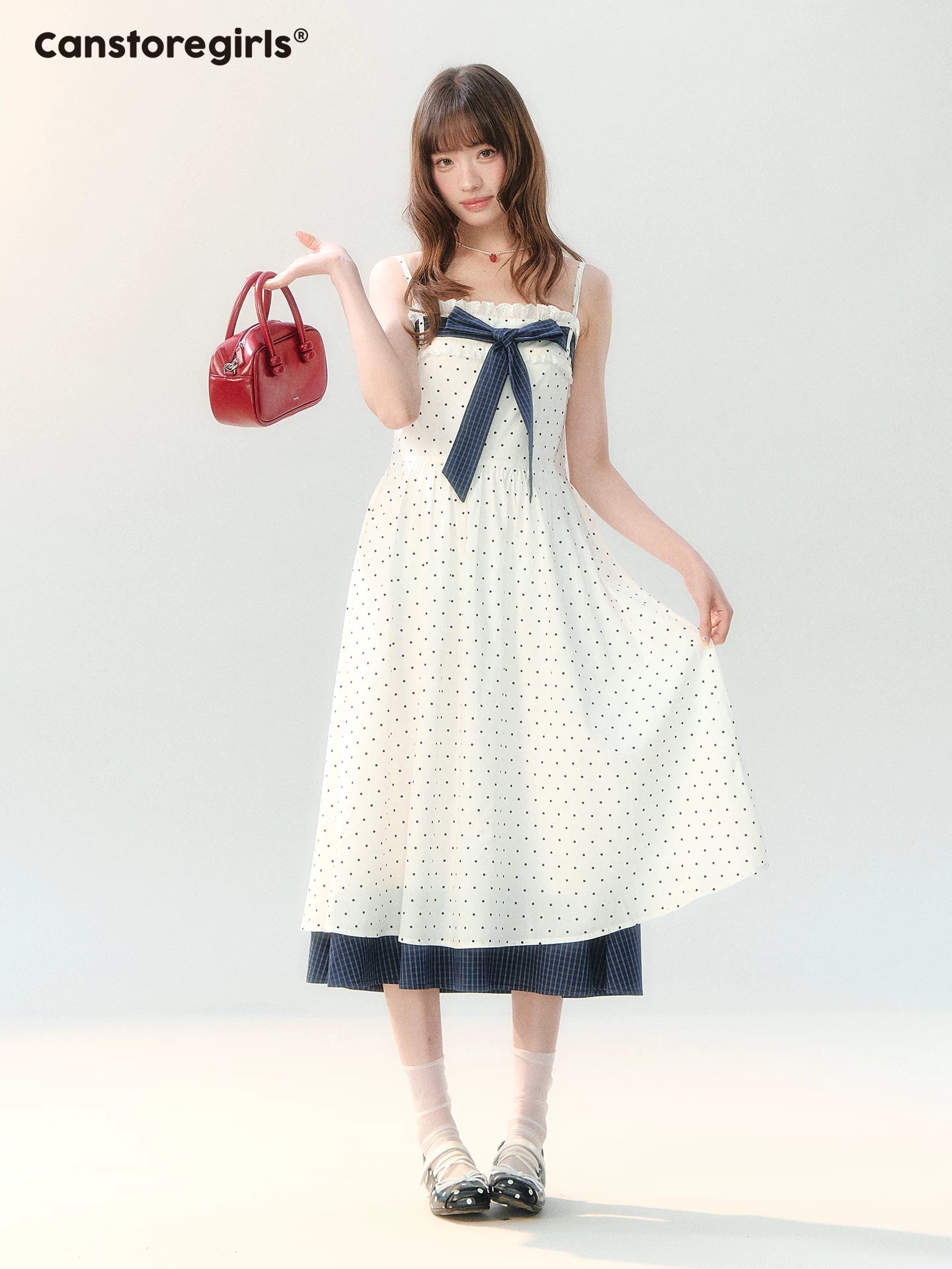 "Soft Mist Cream Puff" White Polka Dot Cami Dress LL2026207
