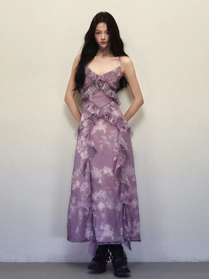 1P - Purple Ombre Floral Ruffle Maxi Dress