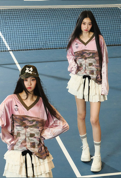 JN's DESIGN - Pink & Camo Lace-Trim V-Neck Jersey Top