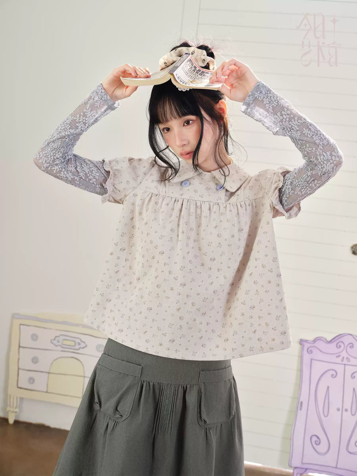 DAILY ARTIST - “Blue Letters of Memory” Gray Blue Floral Faux-Layer Lace Knit Top