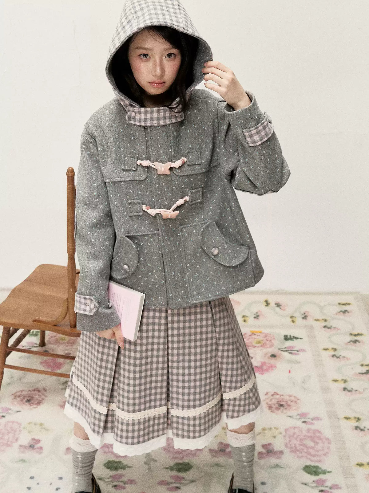 [RF] Gray & Pink Plaid A-Line Midi Skirt with Lace Trim