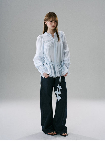 LOST FOREST - Acetate Flower Belt Detail Relaxed Top (White / Blue)