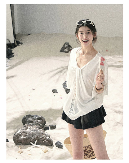 "Undisturbed Mist" Cloud White Lace Cutout V-Neck T-Shirt 45638453