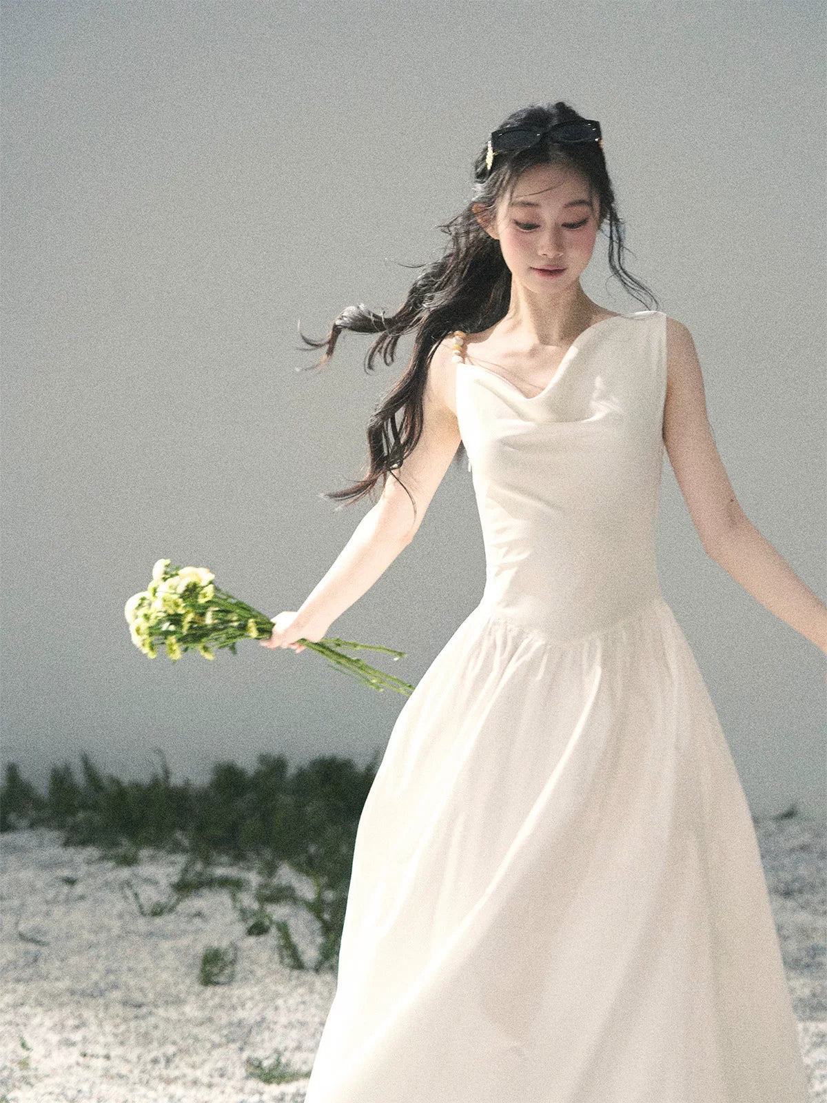"Moonlight Sonata" Camellia White Elegant Sleeveless Maxi Dress