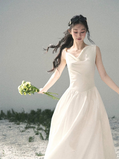 "Moonlight Sonata" Camellia White Elegant Sleeveless Maxi Dress