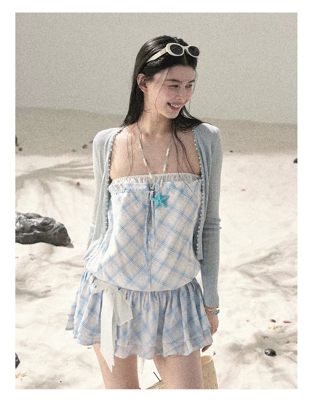"Breeze Upon the Waves" Ice Crystal Blue Off-Shoulder Diamond Quilted Mini Dress