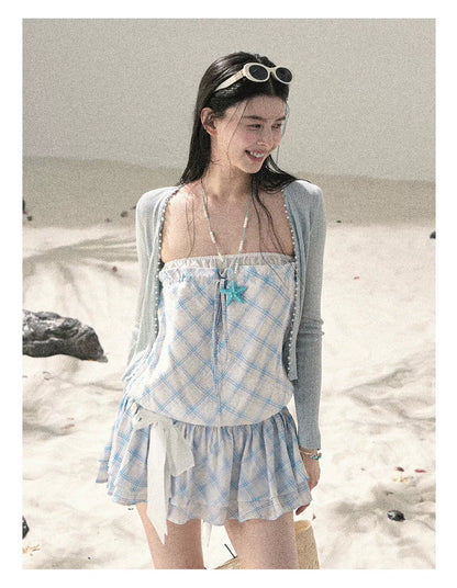 "Breeze Upon the Waves" Ice Crystal Blue Off-Shoulder Diamond Quilted Mini Dress