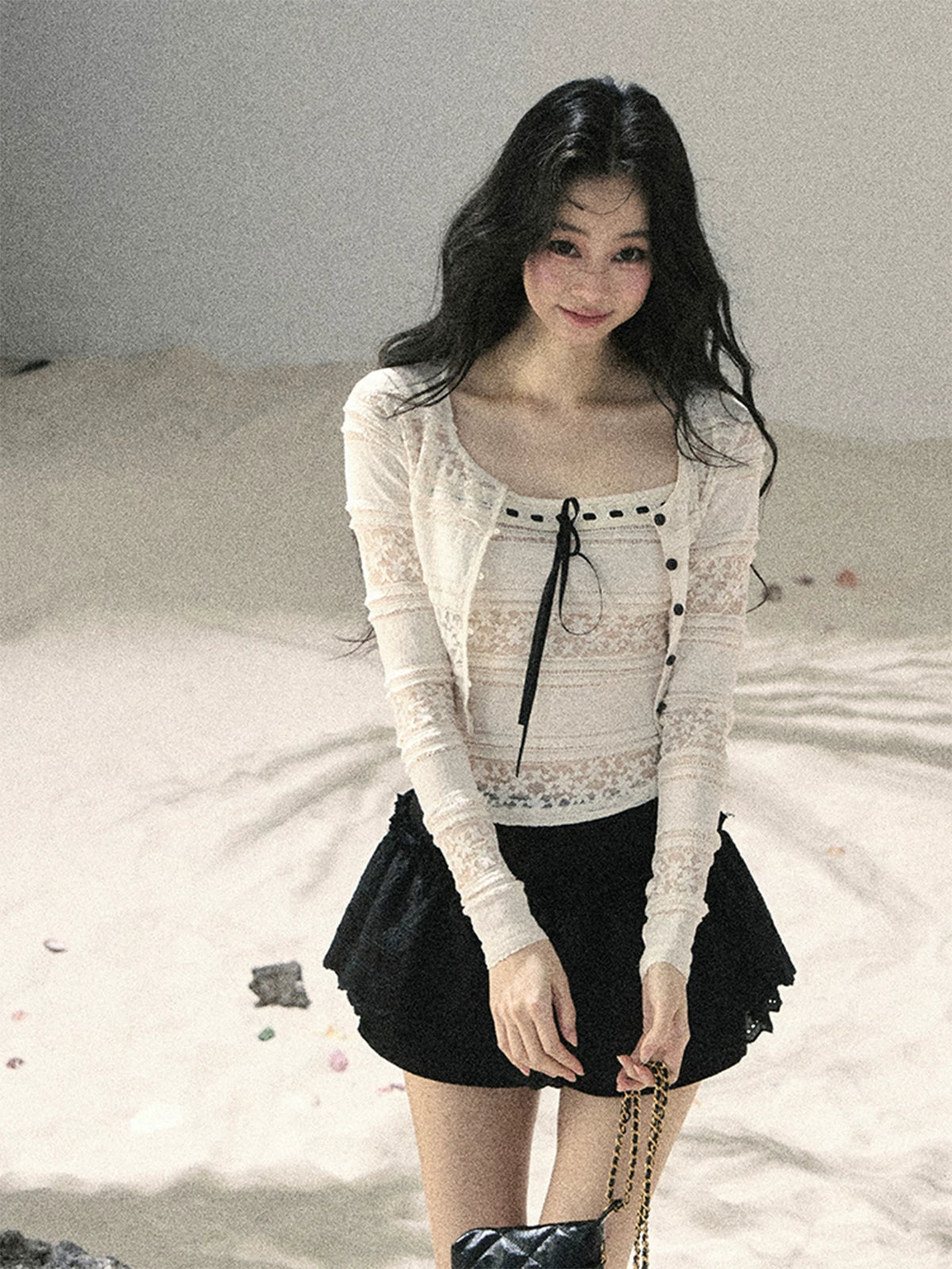 "Summer Shimmer Reverie" Creamy Oat White Lace Cutout Cardigan & Camisole Set 5864536513