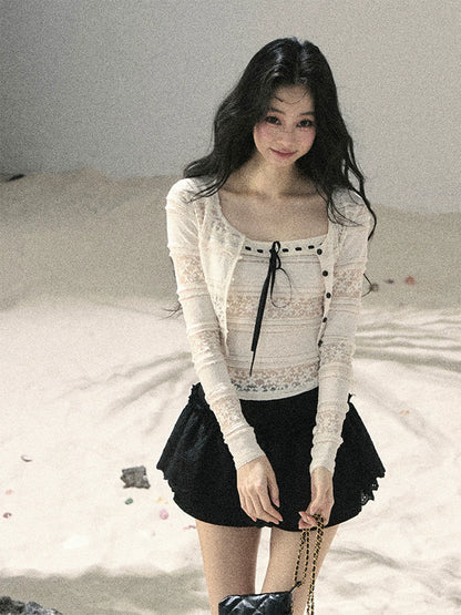 "Summer Shimmer Reverie" Creamy Oat White Lace Cutout Cardigan & Camisole Set 5864536513