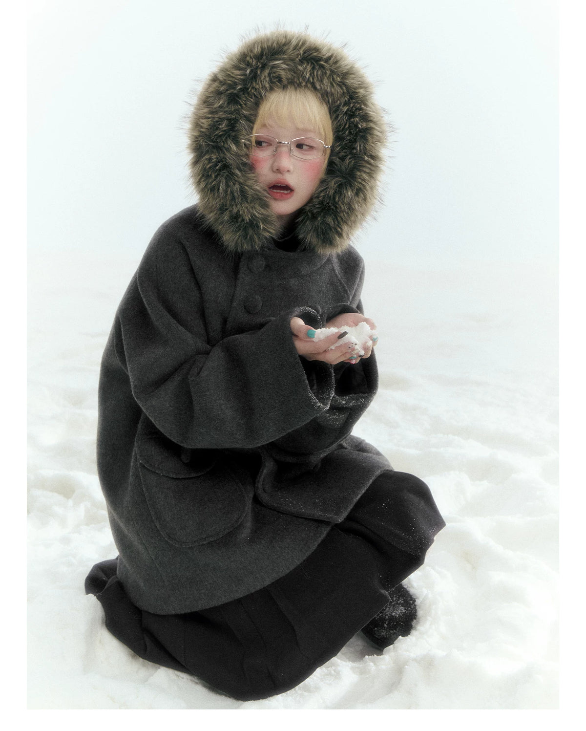 Japanese Hooded Double-Breasted Wool Coat (Deep Charcoal Gray / Taro Purple)