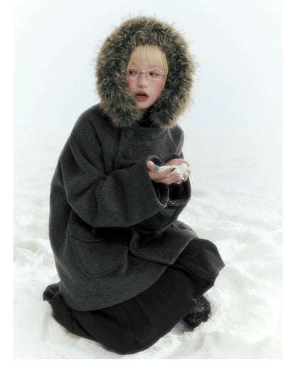 Japanese Hooded Double-Breasted Wool Coat (Deep Charcoal Gray / Taro Purple)