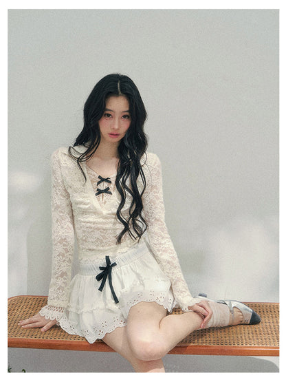少也眼 “Soft Focus Monologue” Faux-Layer Sheer Lace Tie-Detail Top – Apricot 4563634583