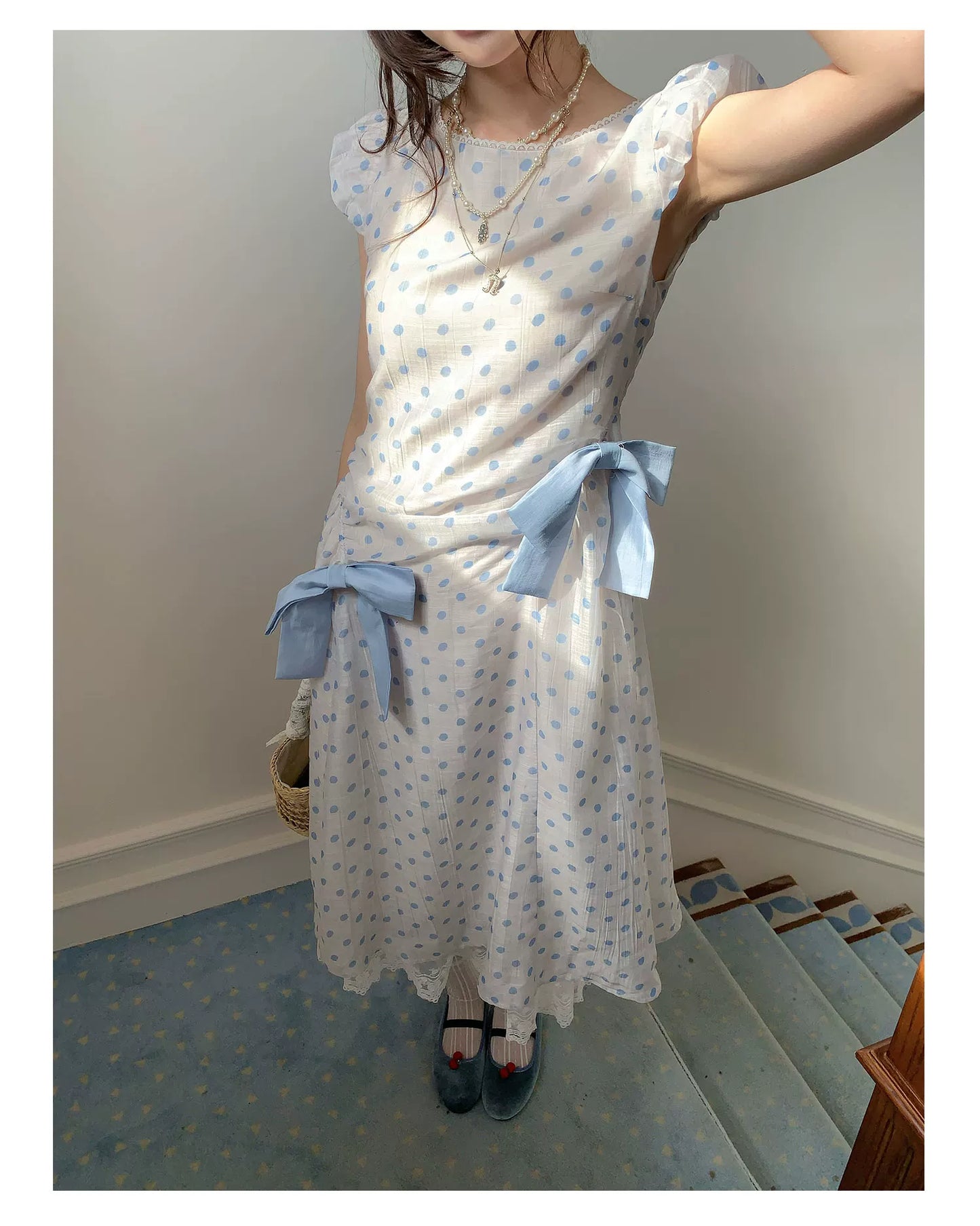 “Blue Mist Polka Reverie” Mist Blue Bow Lace Dress