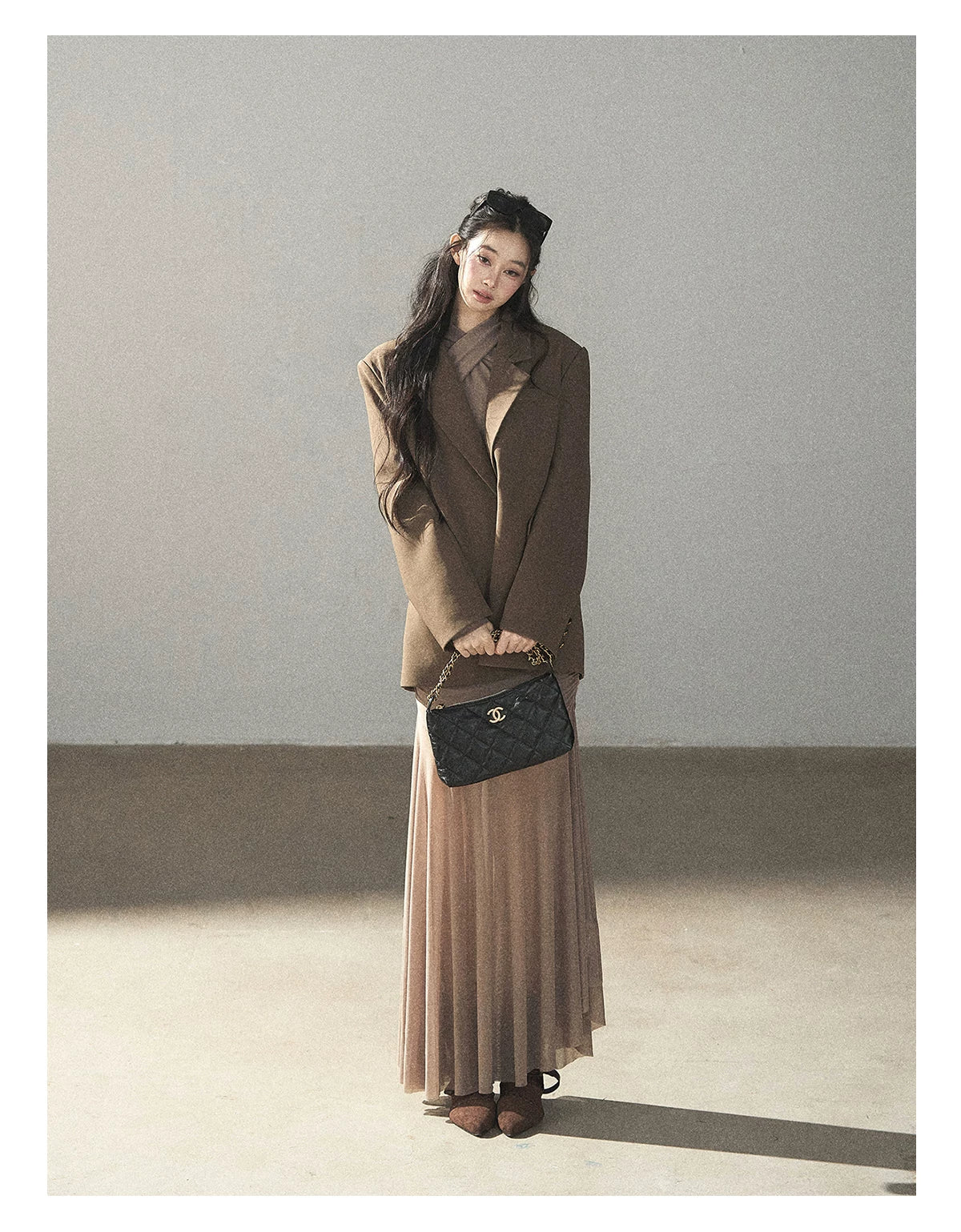 AOMALM - Milk Tea Ruched Mesh Mermaid Maxi Dress