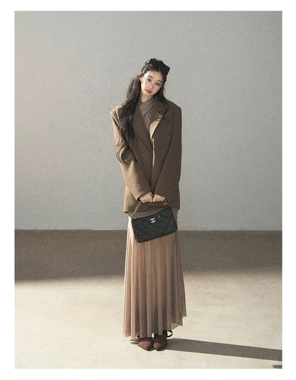 AOMALM - Milk Tea Ruched Mesh Mermaid Maxi Dress