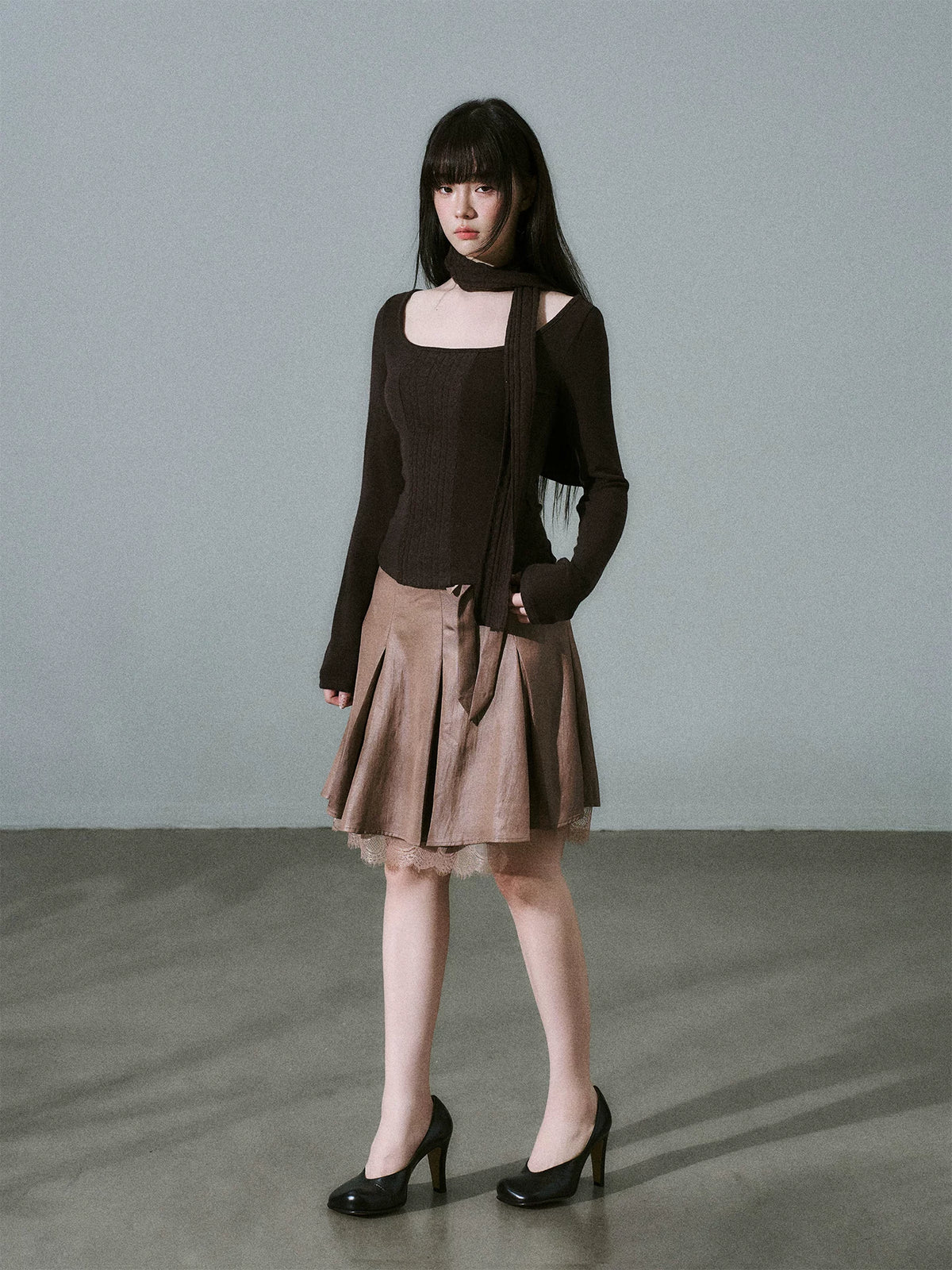 LOST FOREST - Purple Brown Wide-Neck Long Sleeve Top with Cable-Knit Scarf