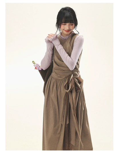 "Cream Cocoa" Cream Cocoa Ruched Bow Pinafore Maxi Dress