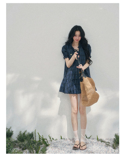 “Soft Pleats in Motion” Academy Blue Bubble Mini Dress