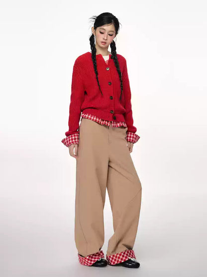 PCH - Tri-Color Layered Knit Cardigan with Contrast Panels (Red)