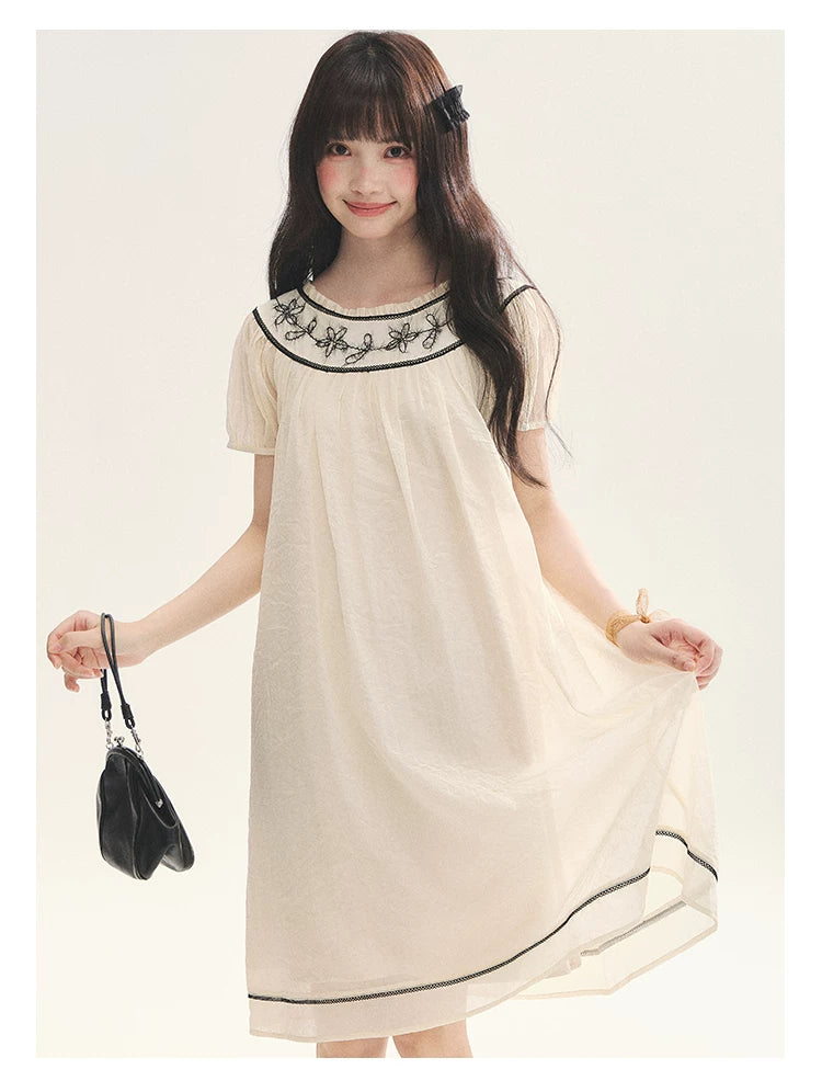 "Midnight Princess" Yellow Flower Rope Embroidered Babydoll Midi Dress